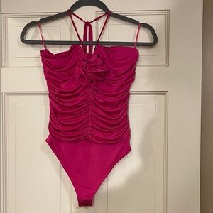 NWT Express Pink Ruched Halter neck Bodysuit with Rosette Detail